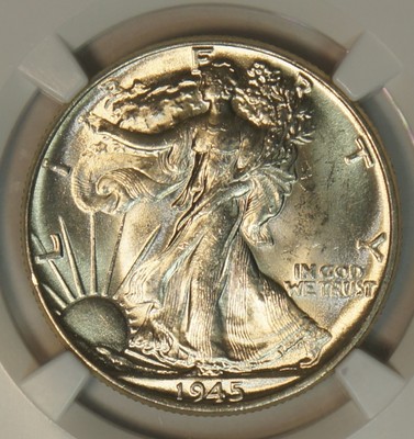 1945 half dollar FS-901 No AW variety — smooth reverse field beneath eagle wingtip where designer initials are missing