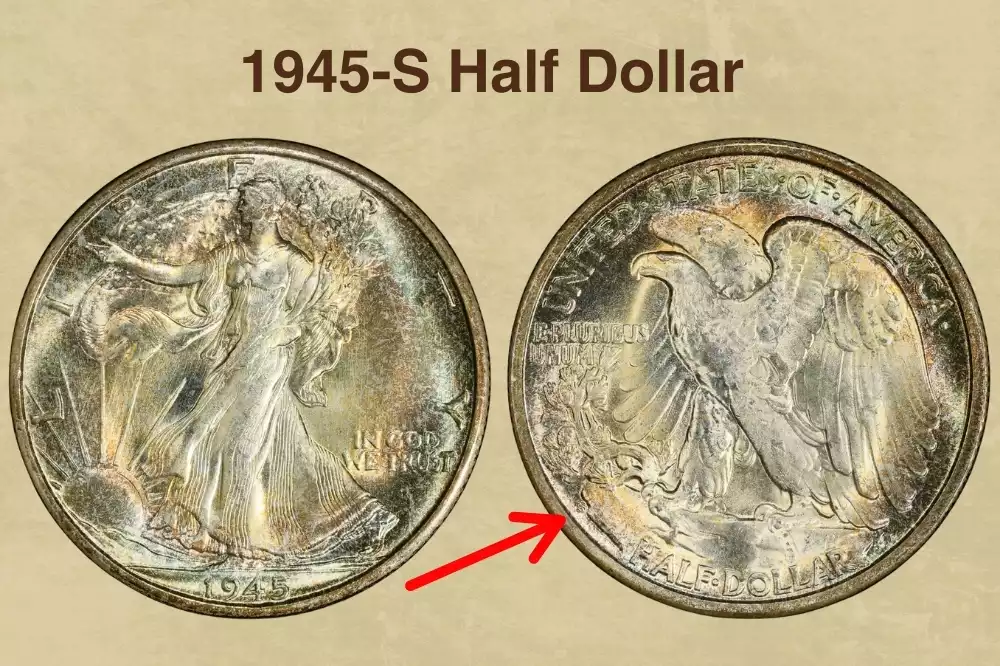 1945-S Walking Liberty Half Dollar showing typical weak strike at center and S mint mark on reverse lower left