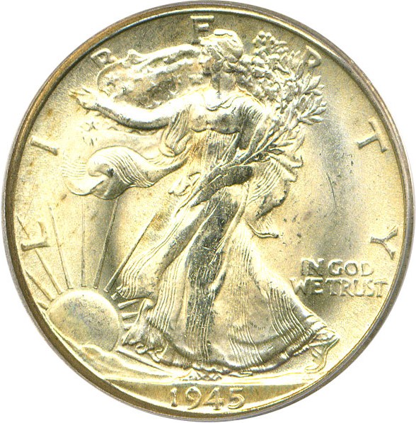 1945-D half dollar FS-801 Doubled Die Reverse showing doubling visible on eagle tail feathers and reverse lettering