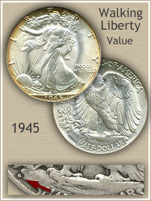 Group of 1945 Walking Liberty half dollars from Philadelphia, Denver, and San Francisco mints arranged together showing all three mint marks