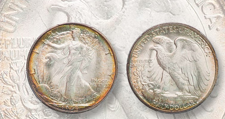 1945 Walking Liberty half dollar grading strip showing four condition tiers from Good worn to MS-65 gem uncirculated